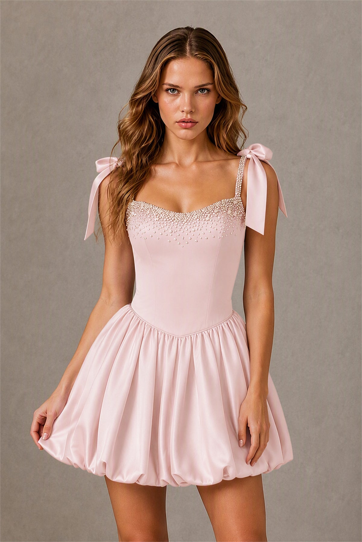 BOLODOO Blush Pink Satin Pearl Embellished Sweetheart Bow Strap Bubble Hem Mini Dress | Cocktail Prom Homecoming Dress - Blush Pink