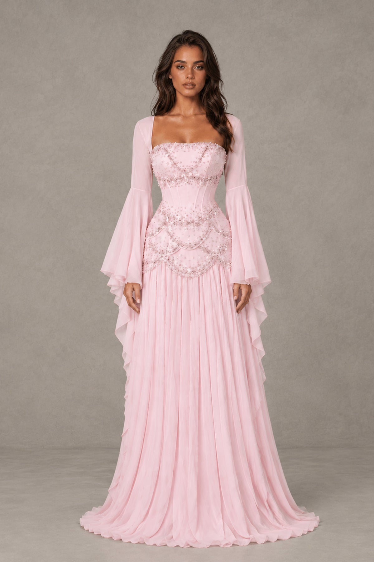 BOLODOO Blush Pink Embellished Corset Gown with Long Bell Sleeves - Blush Pink