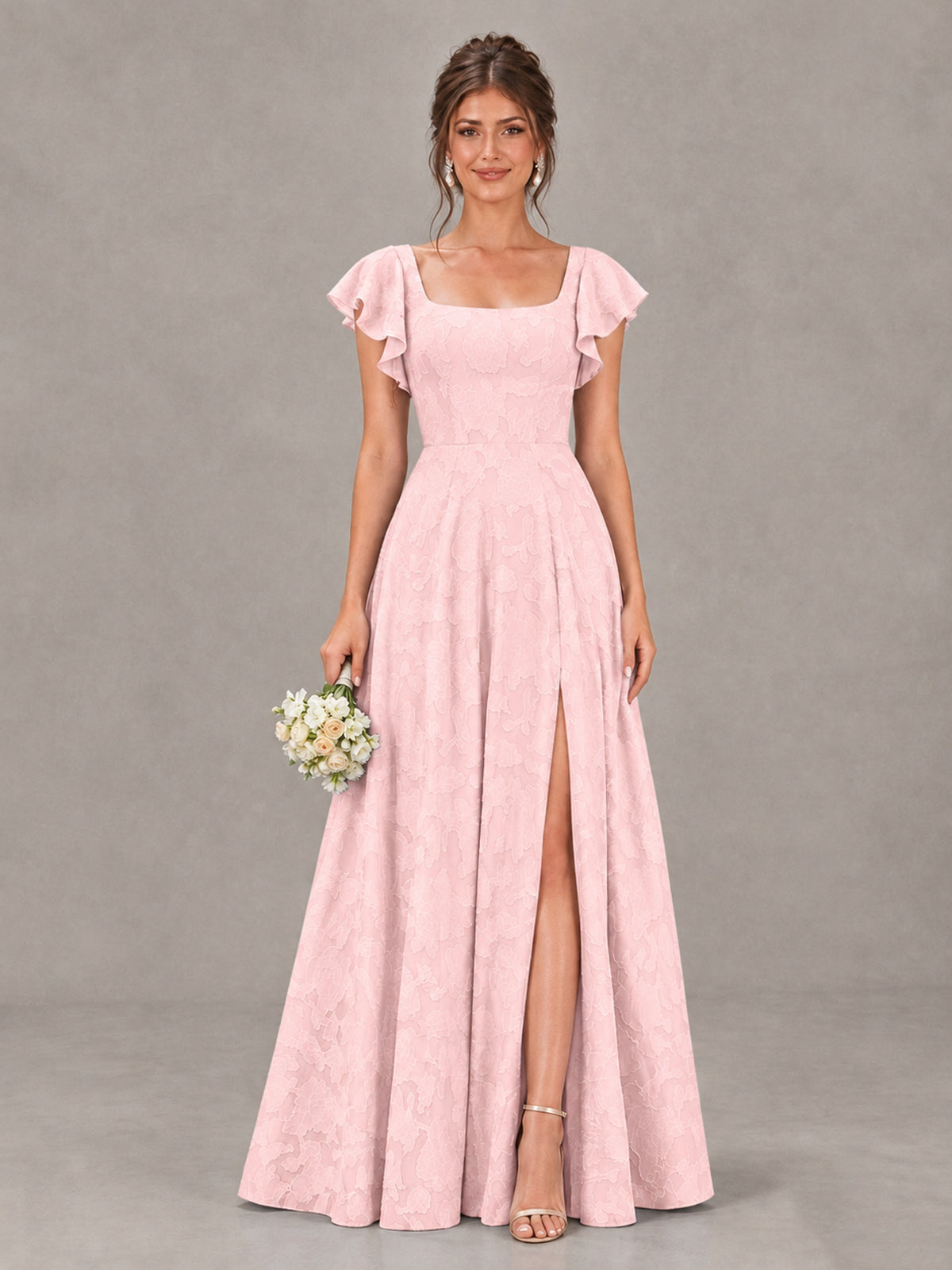 BOLODOO Blush Pink Floral Flutter Sleeve Bridesmaid Dress with Slit - Blush Pink - Blush Pink (1)