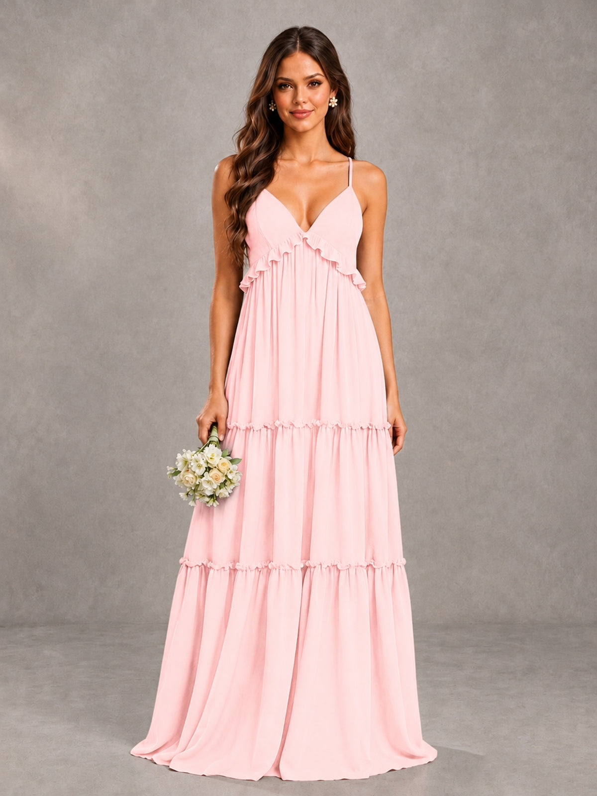 BOLODOO Blush Pink Tiered V-Neck Lace-Up Back Bridesmaid Dress - Blush Pink - Blush Pink (1)