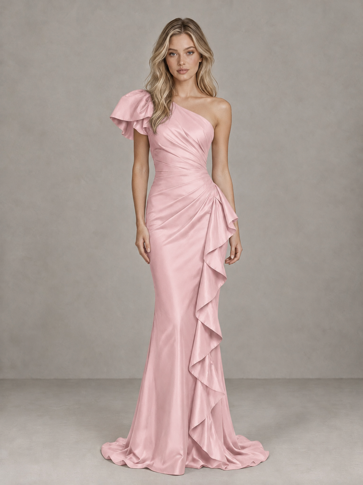 BOLODOO Blush Pink One-Shoulder Satin-Look Mermaid Evening Dress with Ruffles - Blush Pink - Blush Pink (1)