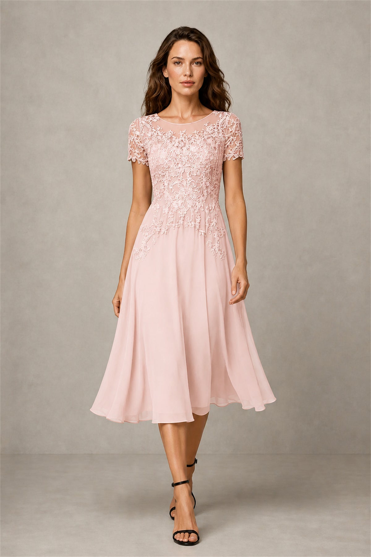 BOLODOO Steel Blush Pink Beaded Lace Illusion Bodice Chiffon Tea-Length Dress | Mother of the Bride & Cocktail Party - Blush Pink