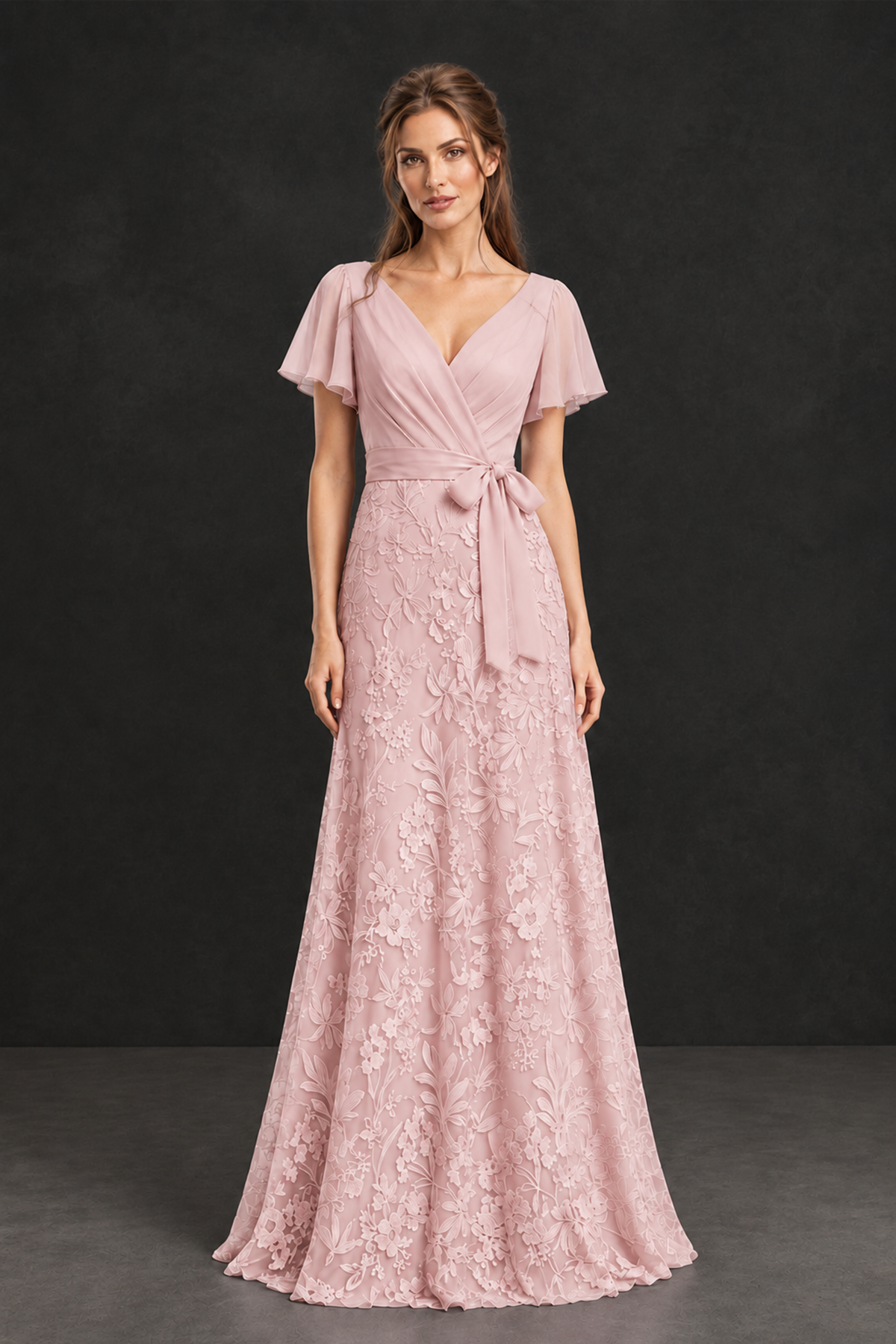 BOLODOO Blush Pink Flutter Sleeve Lace Mother of the Bride Dress - Blush Pink
