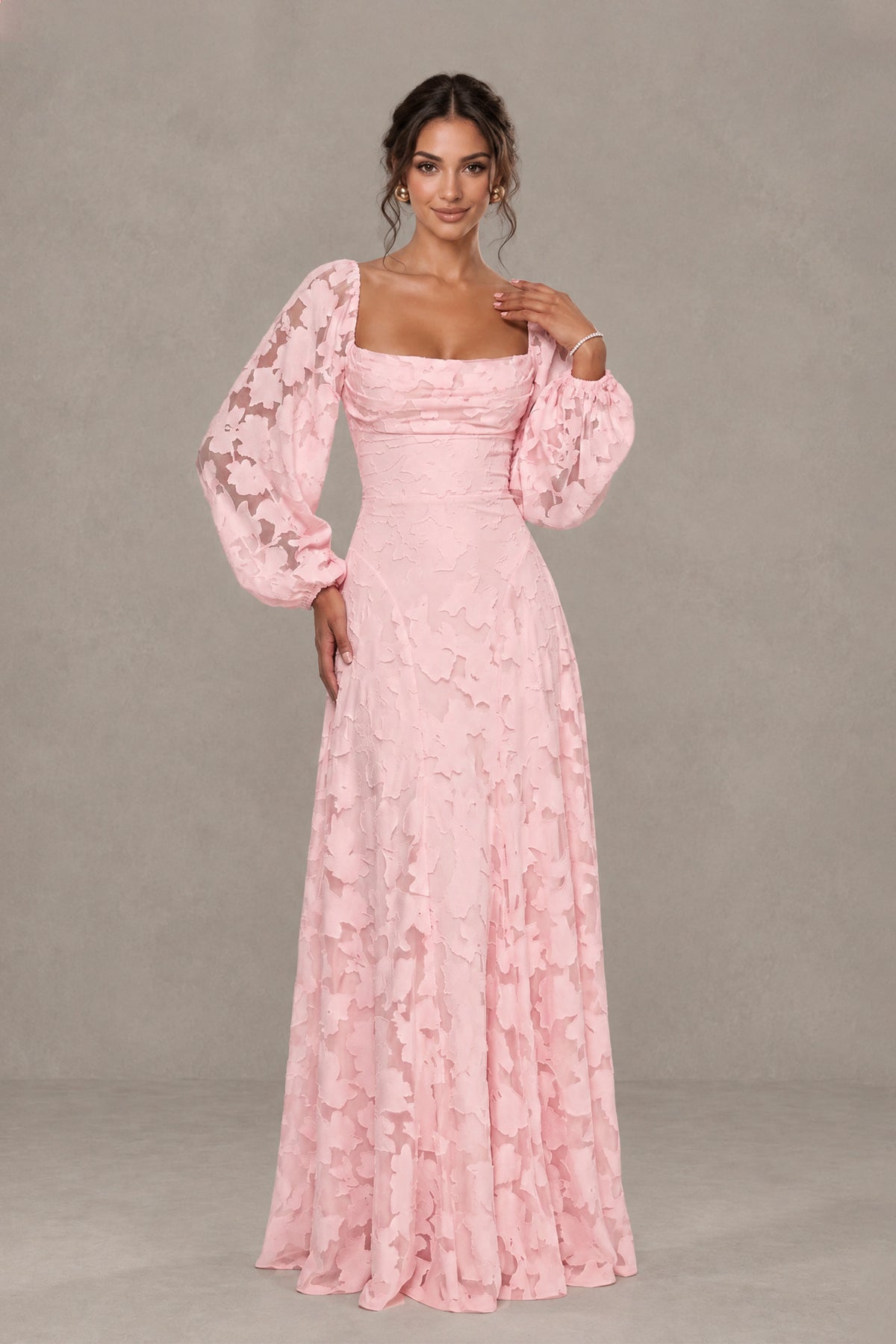 BOLODOO Floral Blush Pink Long Sleeve A-Line Dress with Lace-Up Back - Blush Pink