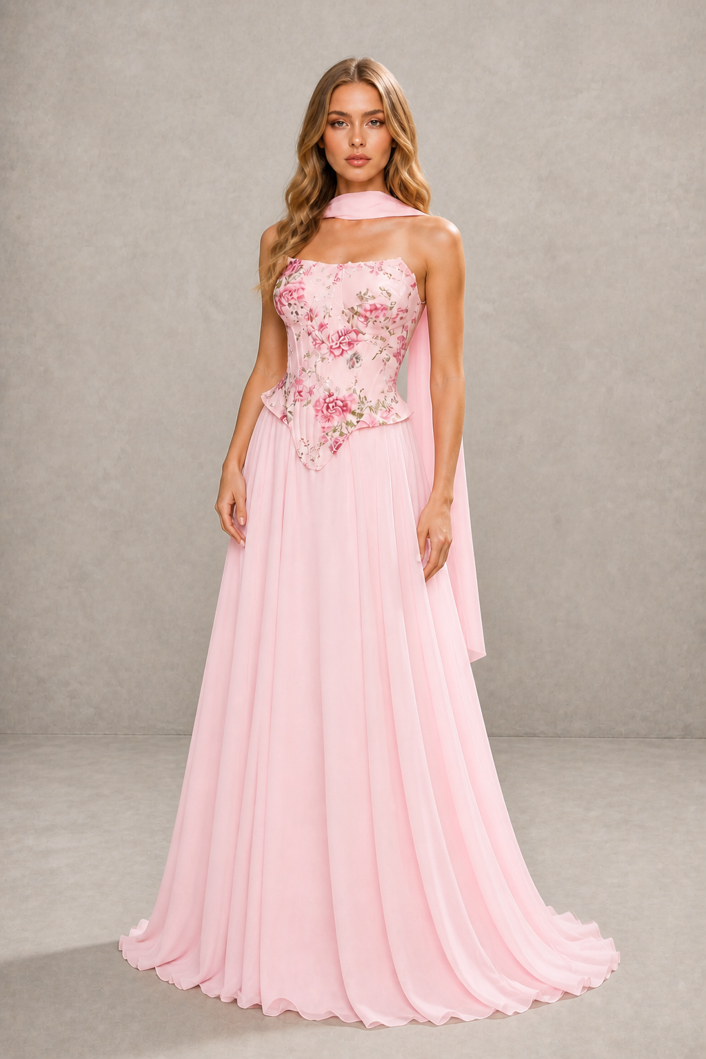 Blush Pink Floral Embroidered Corset Halter Neck Open Back Chiffon Maxi Gown - Blush Pink