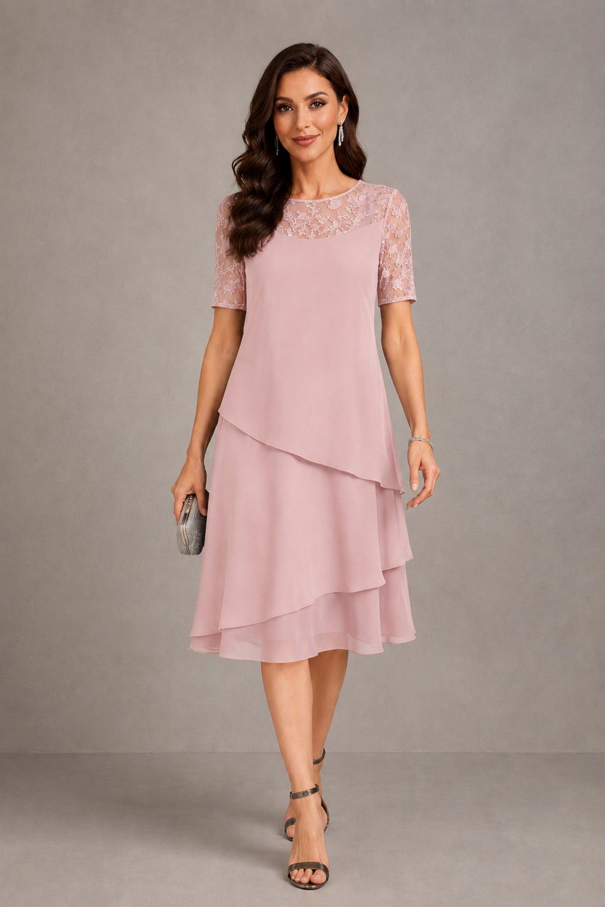 BOLODOO Blush Pink Illusion Lace Short Sleeve Tiered Chiffon Tea Length Dress | Mother of the Bride Midi Dress - Blush Pink