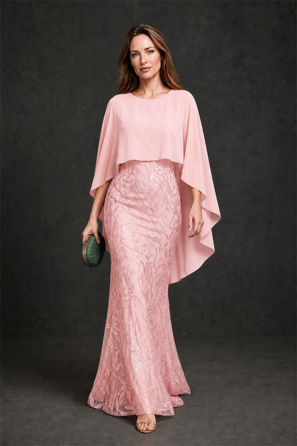 BOLODOO Blush Pink Round Neck Chiffon Cape Overlay Sequin Lace Mermaid Maxi Dress - Blush Pink