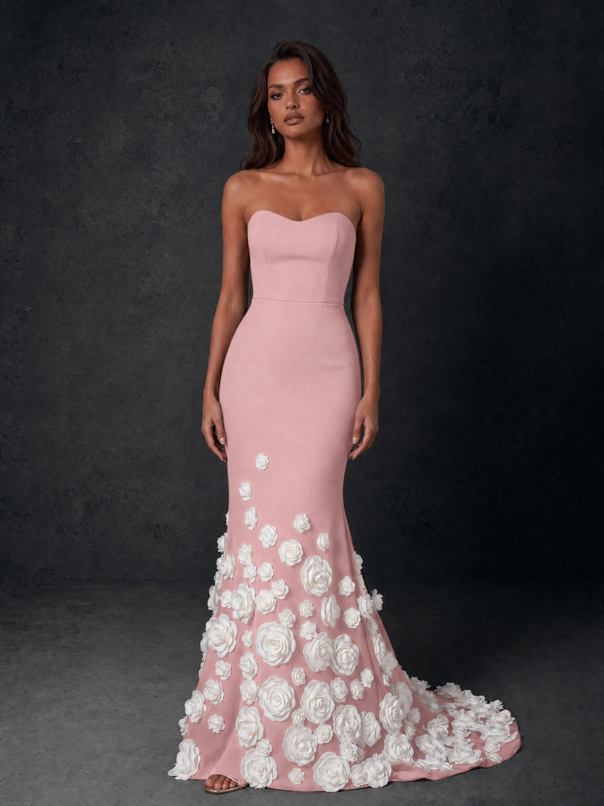 BOLODOO Blush Pink Sweetheart Strapless Crepe Mermaid Gown with Blush Pink 3D Rose Floral Appliqué Skirt and Open Back - Blush Pink