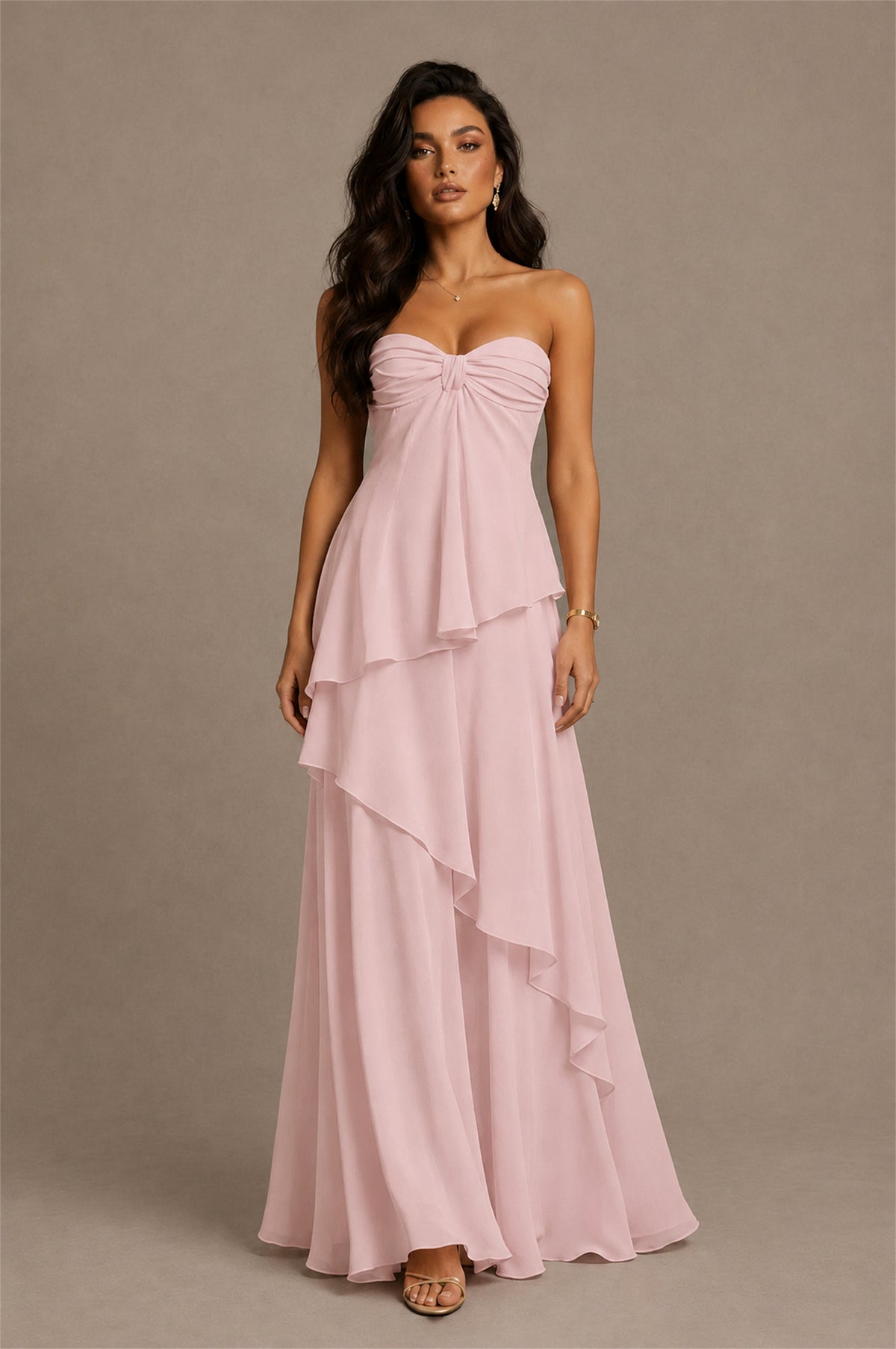 BOLODOO Blush Pink Strapless Sweetheart Knotted Chiffon Tiered Maxi Dress with Lace-Up Back - Blush Pink