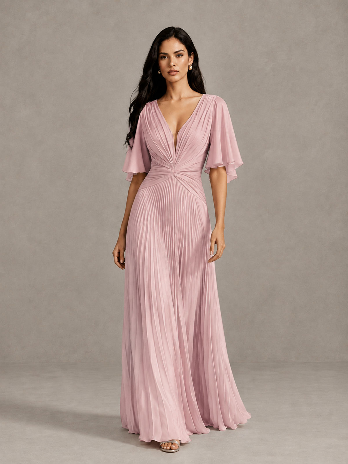 BOLODOO Blush Pink Pleated V-Neck Flutter Sleeve Bridesmaid Dress - Blush Pink - Blush Pink (1)