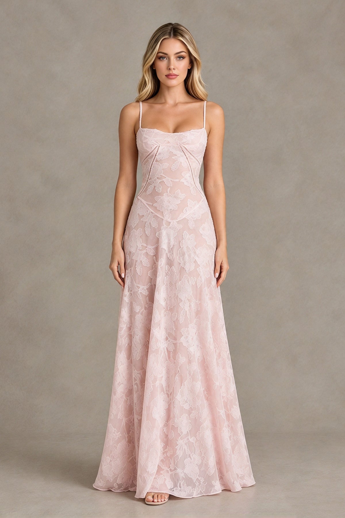 BOLODOO Blush Pink Floral Lace Wedding Guest Dress Spaghetti Straps Prom Dress - Blush Pink - Blush Pink (1)