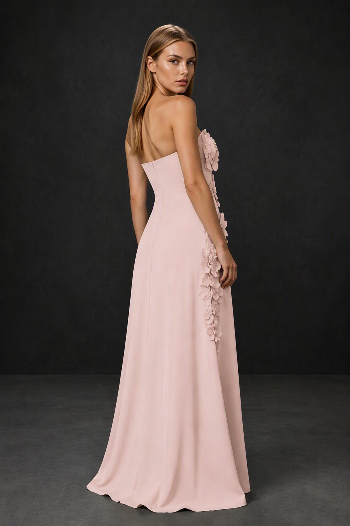 BOLODOO Blush Pink Strapless 3D Floral Appliqué Crepe Mermaid Maxi Gown - Blush Pink