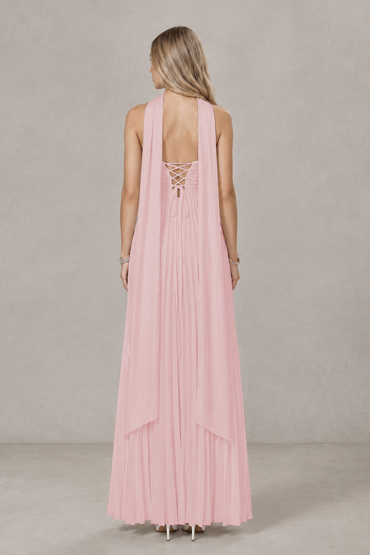 BOLODOO Blush Pink Strapless Chiffon-Look Maxi Dress with Lace-Up Back & Cape - Blush Pink