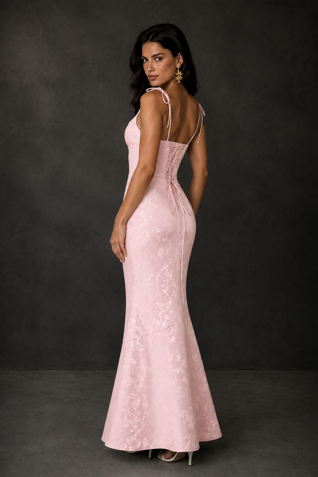 BOLODOO Blush Pink Scoop Neck Tie Strap Lace-Up Back Floral Jacquard Mermaid Maxi Dress - Blush Pink