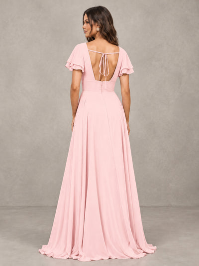 BOLODOO Blush Pink Flutter Sleeve Chiffon A-Line Maxi Bridesmaid Dress with Open Back & Slit - Blush Pink - Blush Pink (2)