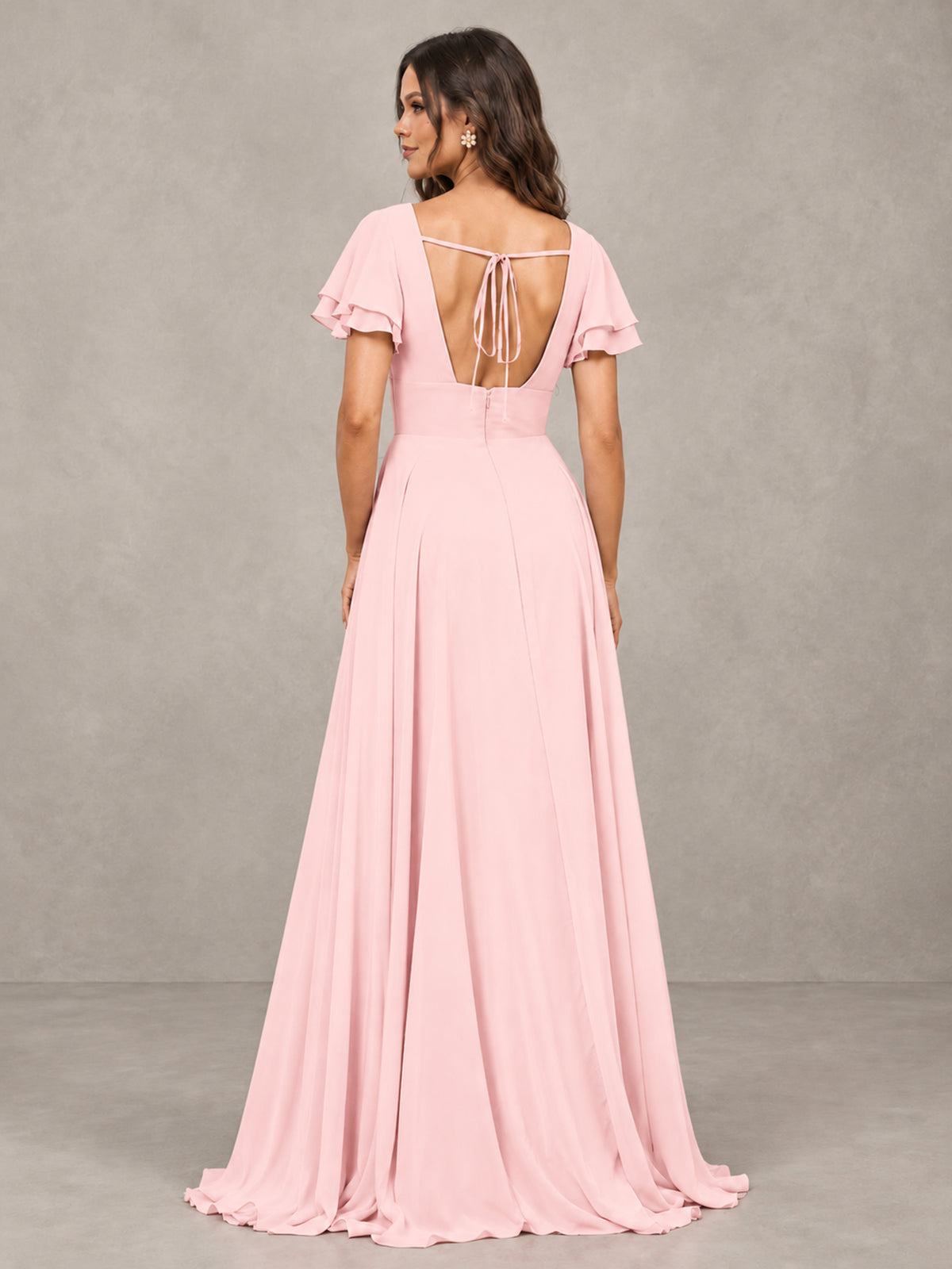 BOLODOO Blush Pink Flutter Sleeve Chiffon A-Line Maxi Bridesmaid Dress with Open Back & Slit - Blush Pink - Blush Pink (2)