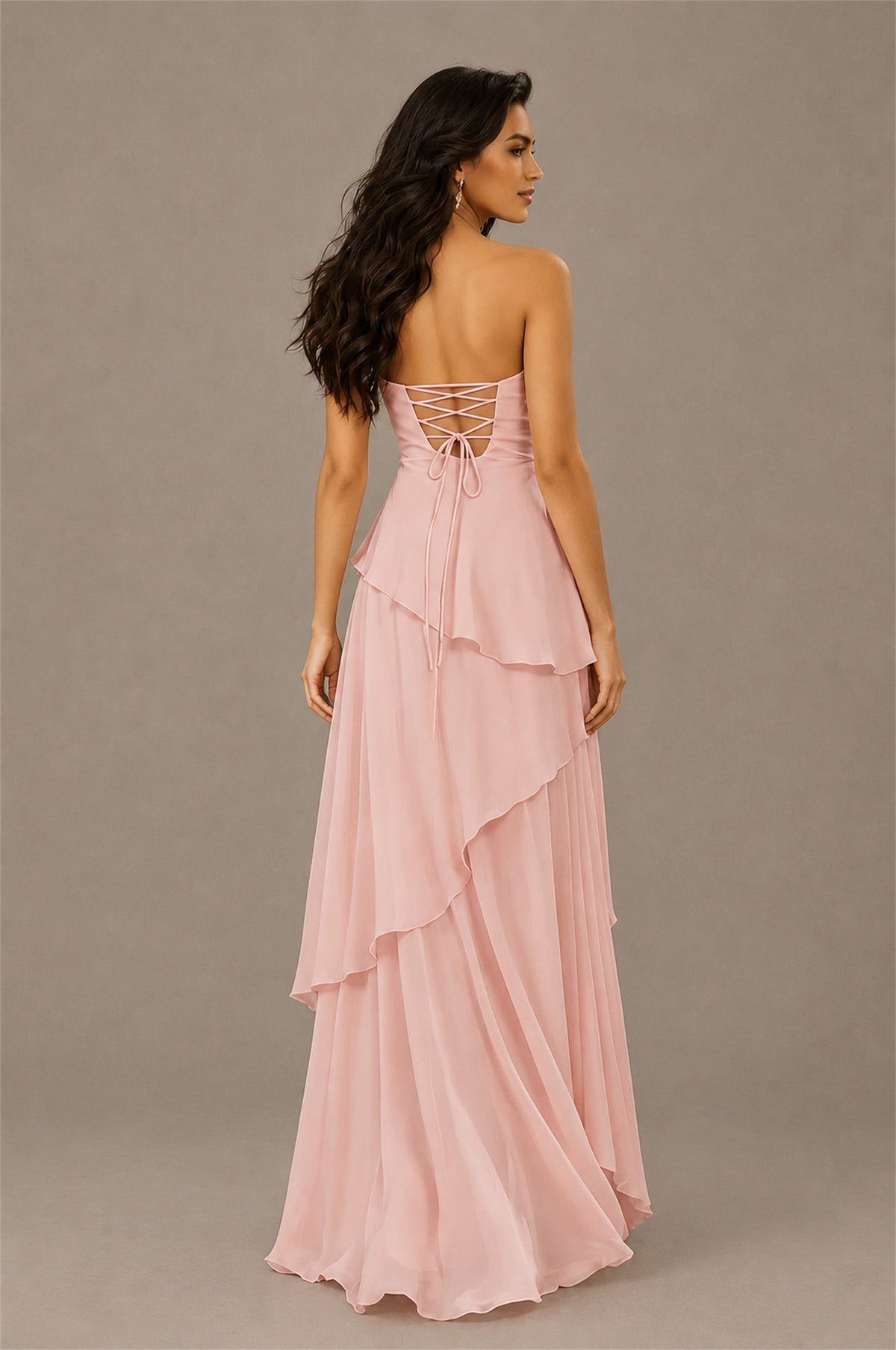 BOLODOO Blush Pink Strapless Sweetheart Knotted Chiffon Tiered Maxi Dress with Lace-Up Back - Blush Pink