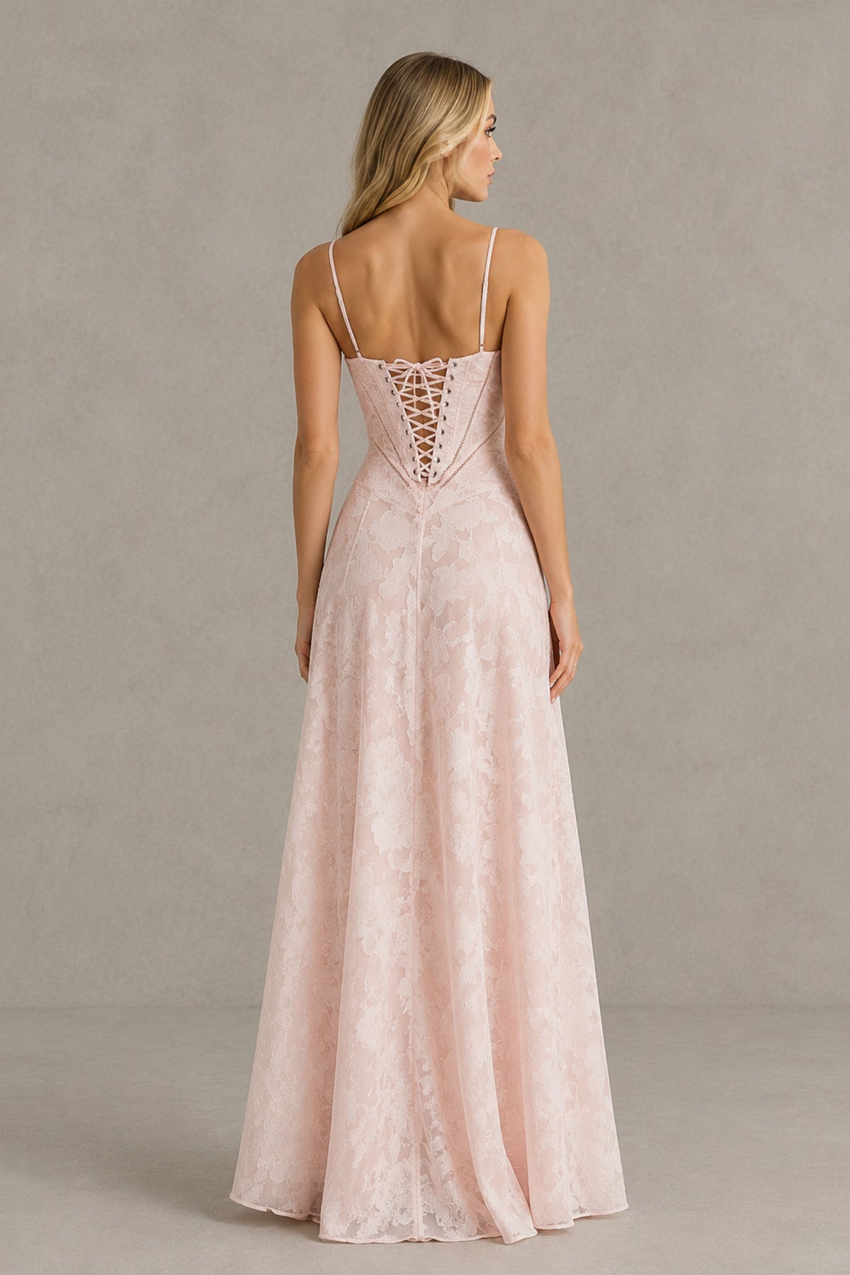 BOLODOO Blush Pink Floral Lace Wedding Guest Dress Spaghetti Straps Prom Dress - Blush Pink - Blush Pink (2)
