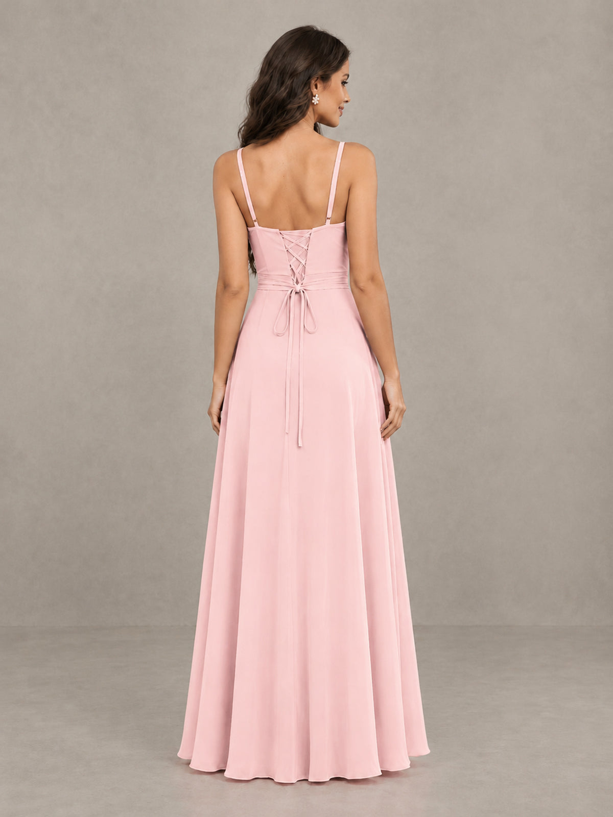 BOLODOO Blush Pink Spaghetti Strap Ruffle Bridesmaid Dress with Slit - Blush Pink - Blush Pink (2)