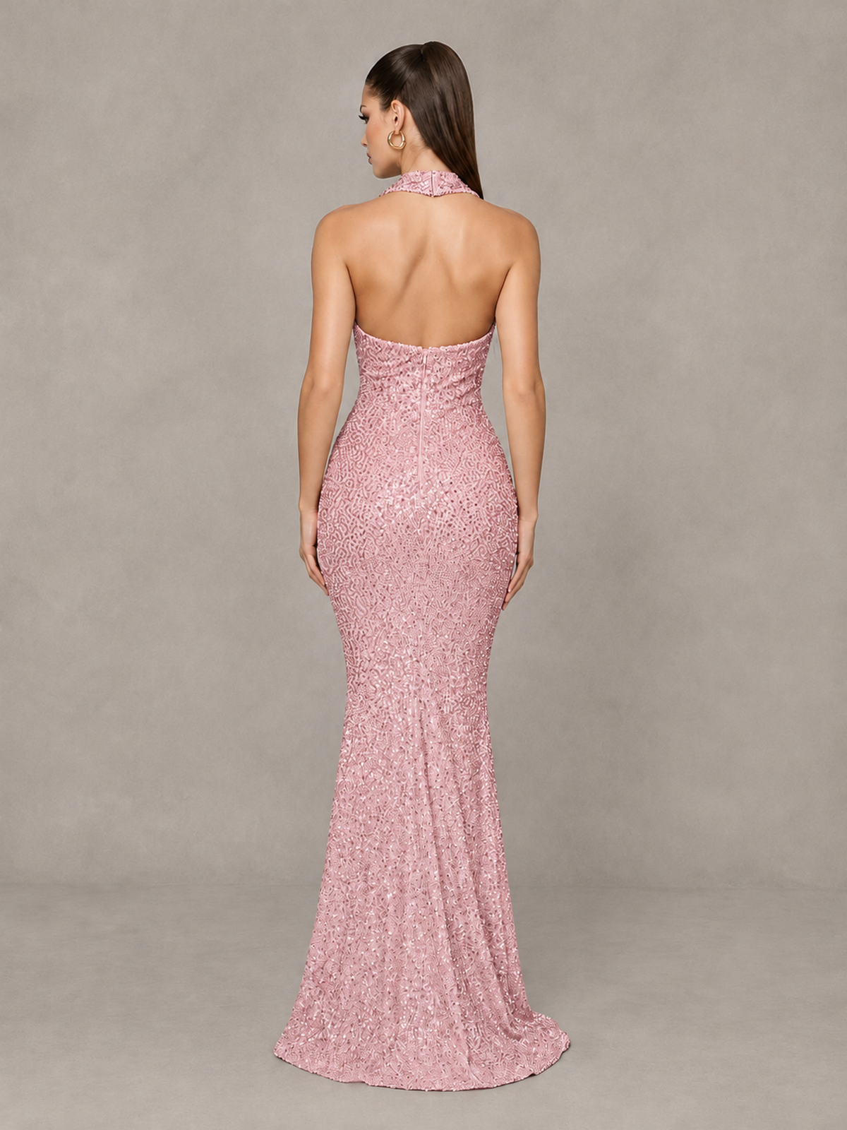 BOLODOO Blush Pink Sequin Halter Mermaid Evening Gown - Blush Pink - Blush Pink (2)