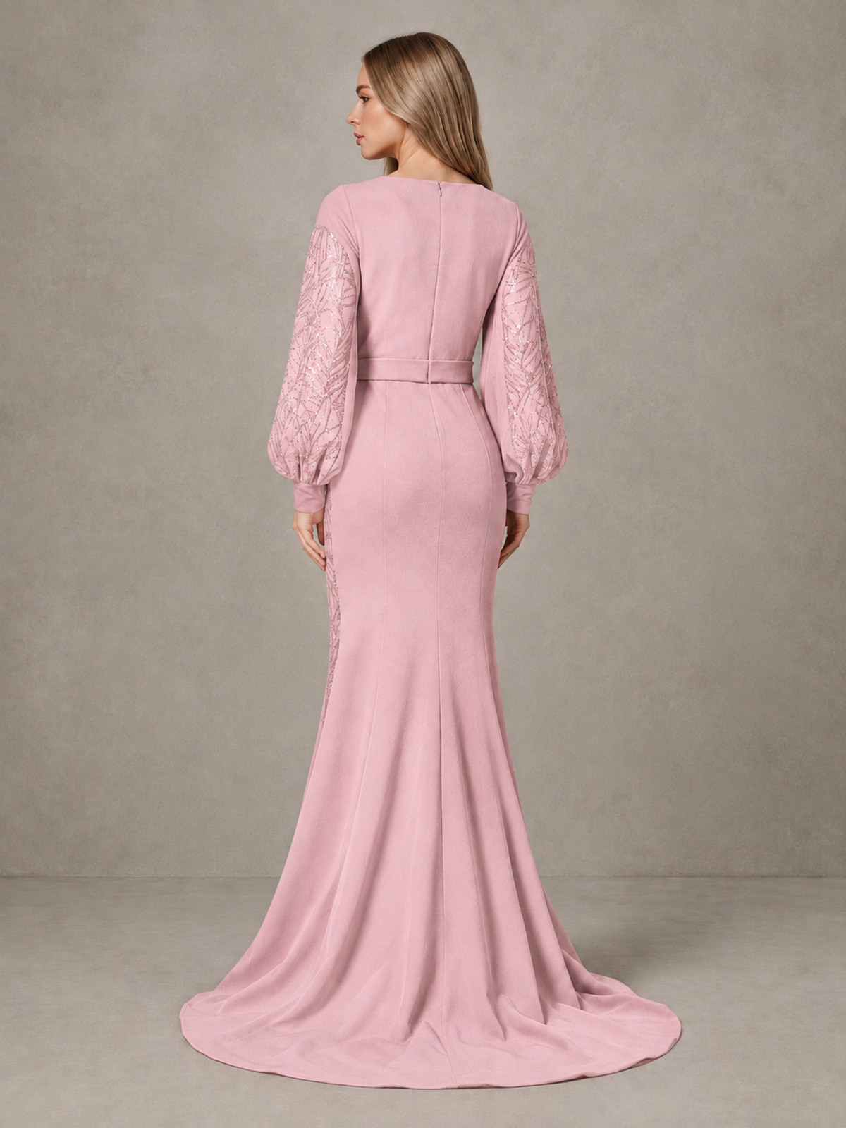 BOLODOO Blush Pink Sequin Long Bishop Sleeve Mermaid Evening Dress - Blush Pink - Blush Pink (2)