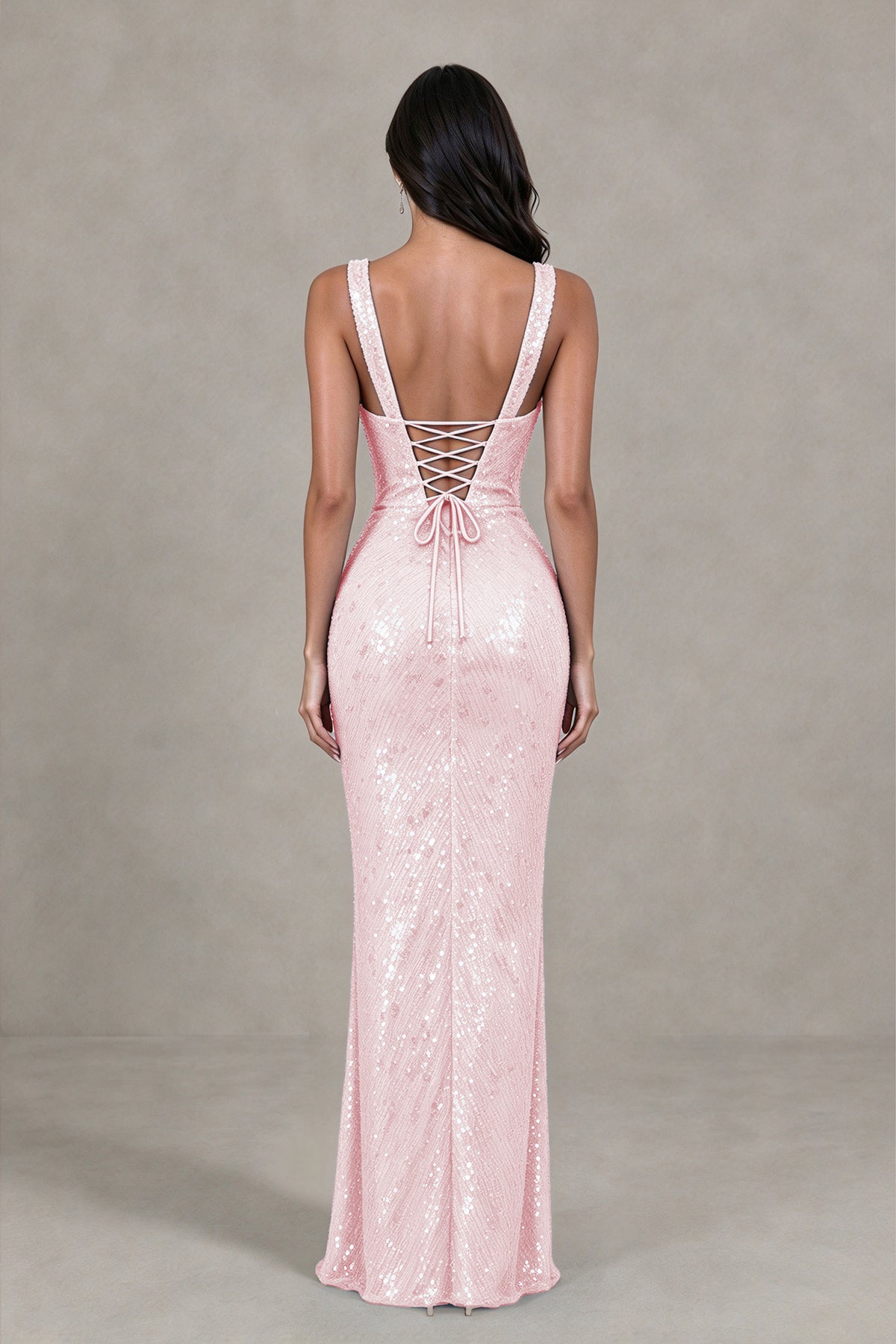 BOLODOO Blush Pink Sequin Deep V-Neck Lace-Up Back High-Slit Evening Dress - Blush Pink - Blush Pink (2)