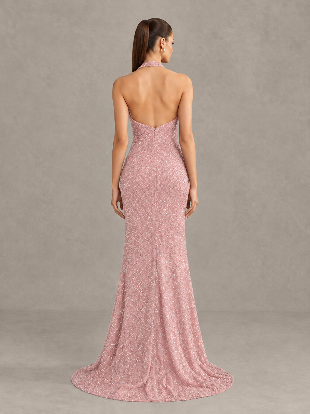 BOLODOO Blush Pink Sequin Halter Open Back Evening Gown with High Slit - Blush Pink - Blush Pink (2)