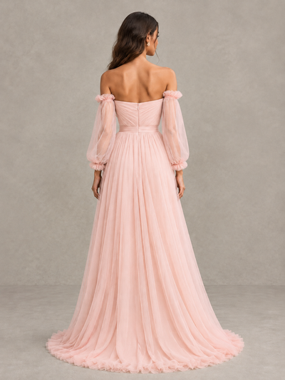 BOLODOO Blush Pink Off-the-Shoulder Long Sleeve A-Line Bridesmaid Dress - Blush Pink - Blush Pink (2)