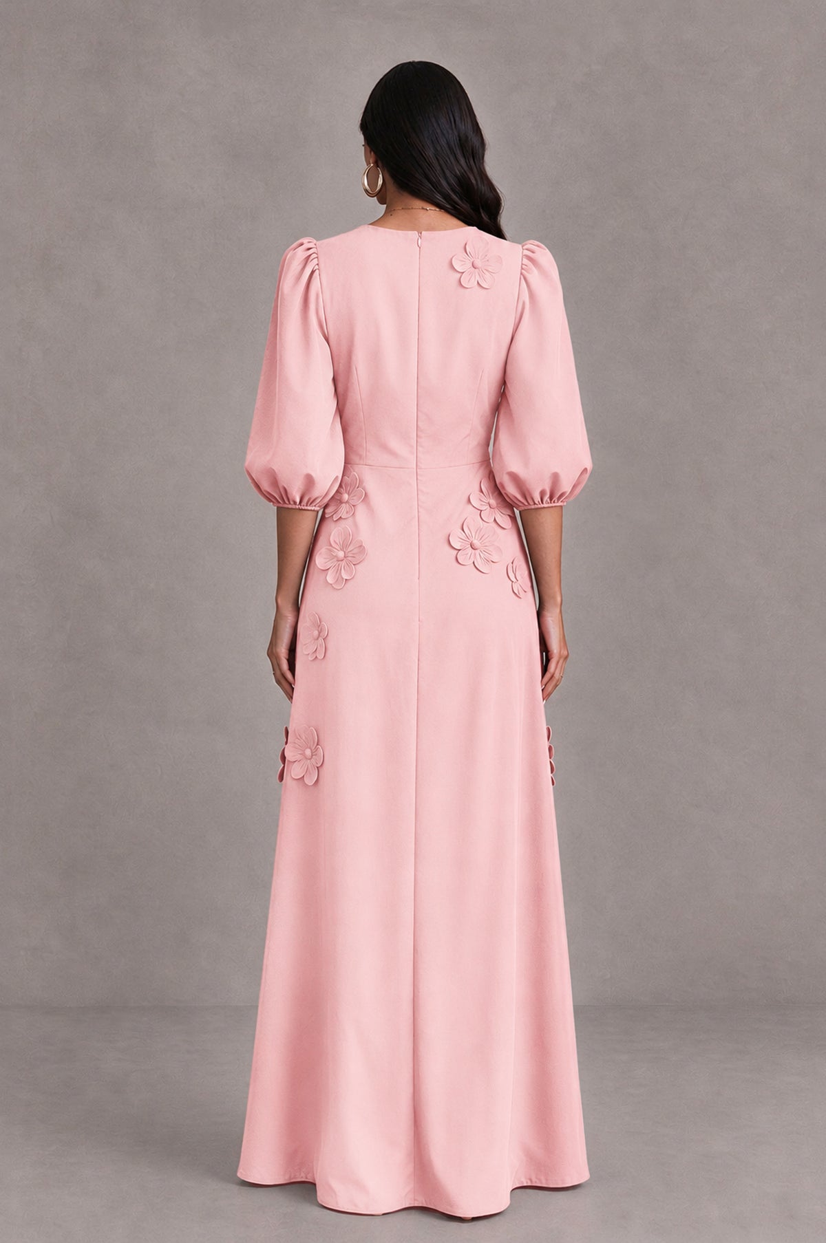 BOLODOO Blush Pink Floral Applique Puff Sleeve A-Line Evening Dress - Blush Pink - Blush Pink (2)