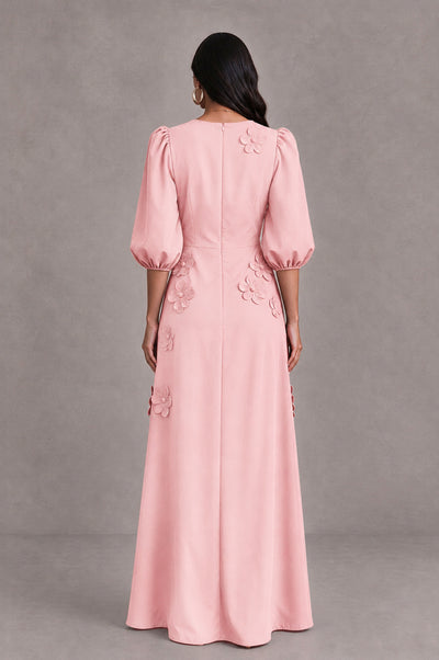 BOLODOO Blush Pink Floral Applique Puff Sleeve A-Line Evening Dress - Blush Pink - Blush Pink (2)