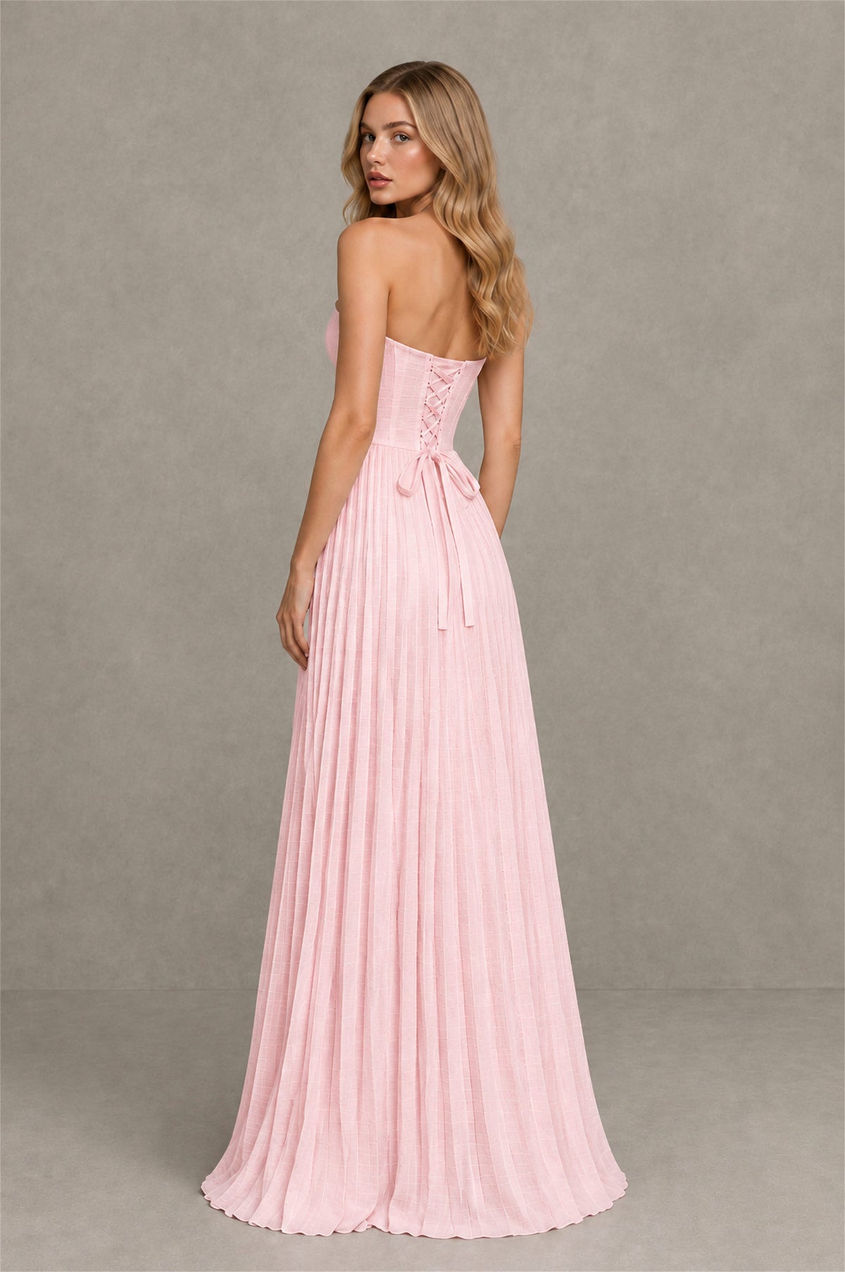 BOLODOO Blush Pink Strapless Sunburst Pleated Twisted Knot Lace-Up Back Accordion Pleated Chiffon Maxi Dress - Blush Pink