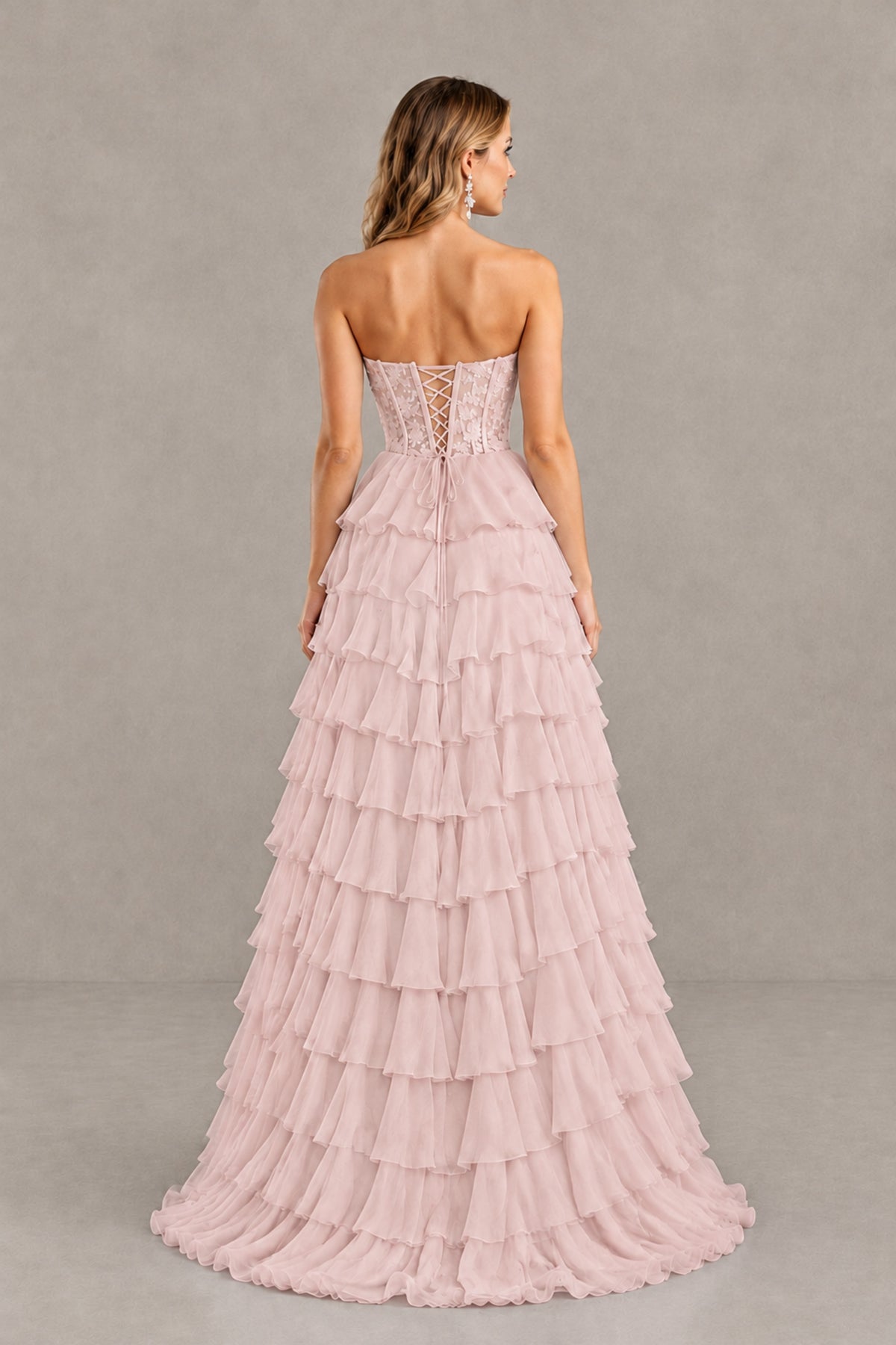 BOLODOO Blush Pink Strapless Lace Corset Tiered Ruffle Prom Dress with Slit - Blush Pink - Blush Pink (2)