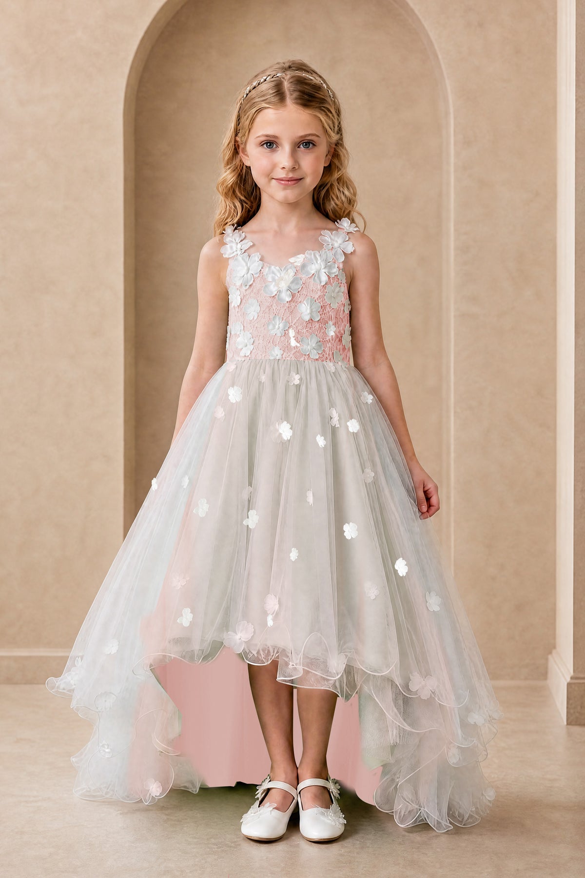 BOLODOO Blush Pink Flower Girl Dress with Floral Appliqué and High-Low Tulle Skirt - Blush Pink