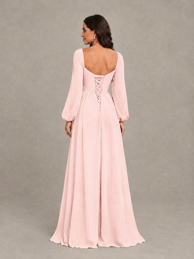 BOLODOO Blush Pink Long Sleeve Chiffon Bridesmaid Dress with Slit - Blush Pink - Blush Pink (2)