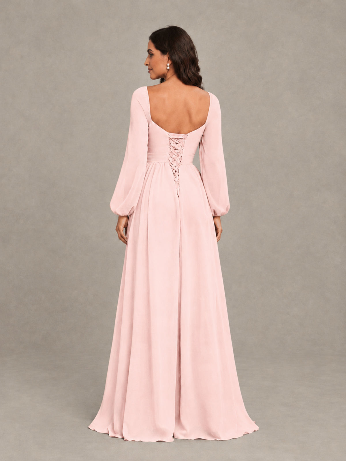 BOLODOO Blush Pink Long Sleeve Chiffon Bridesmaid Dress with Slit - Blush Pink - Blush Pink (2)