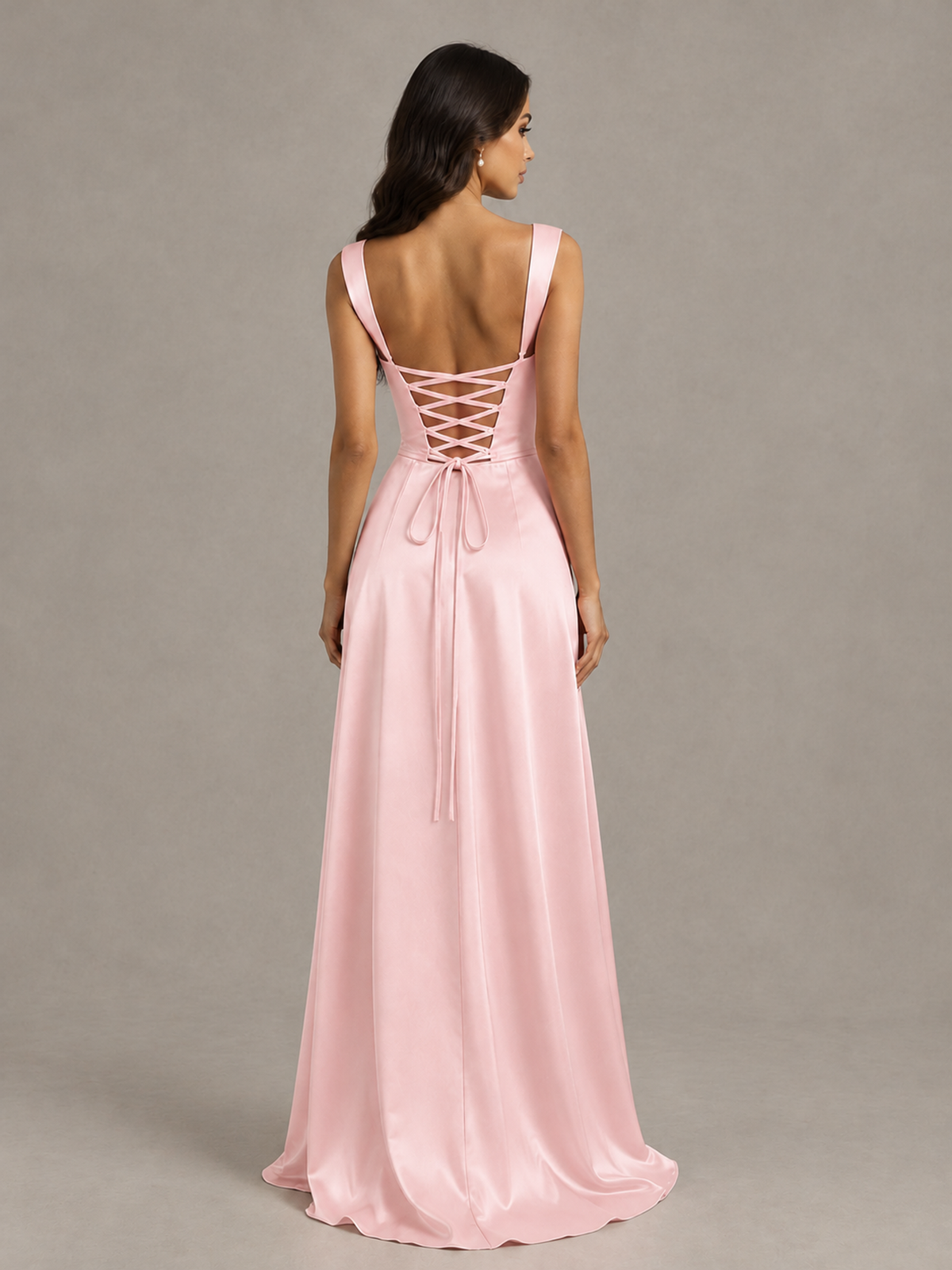 BOLODOO Blush Pink Satin Lace-Up Bridesmaid Dress with Slit - Blush Pink - Blush Pink (2)