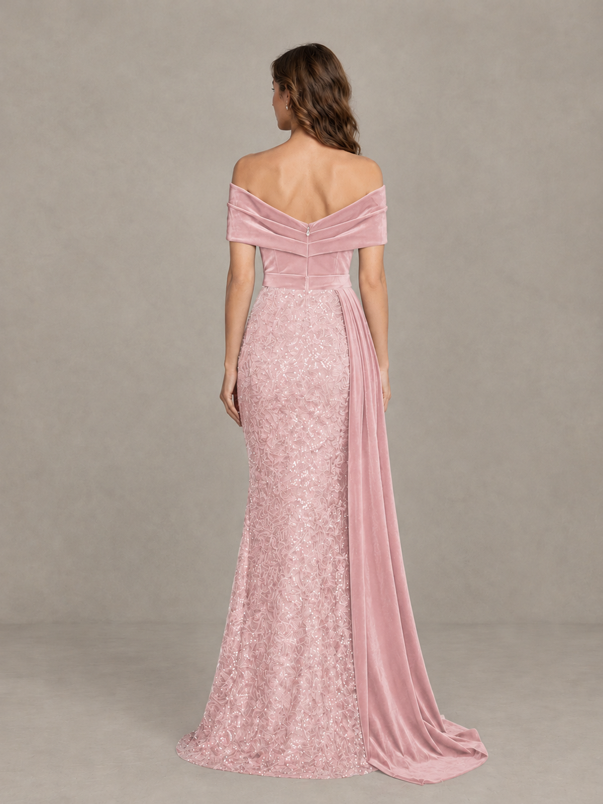 BOLODOO Blush Pink Off-Shoulder Velvet & Sequin Evening Gown with Side Train - Blush Pink - Blush Pink (2)