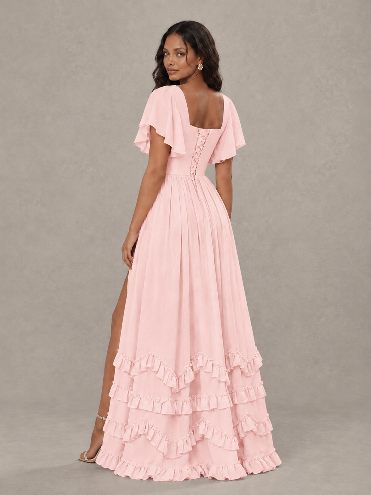 BOLODOO Blush Pink V-Neck Flutter Sleeve Ruffle Bridesmaid Dress with Slit - Blush Pink - Blush Pink (2)