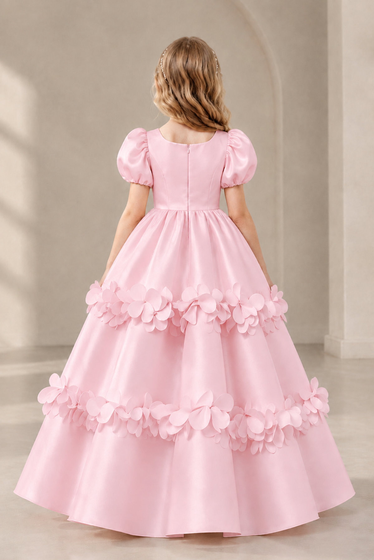 BOLODOO Blush Pink Satin Flower Girl Dress with Floral Appliques - Blush Pink
