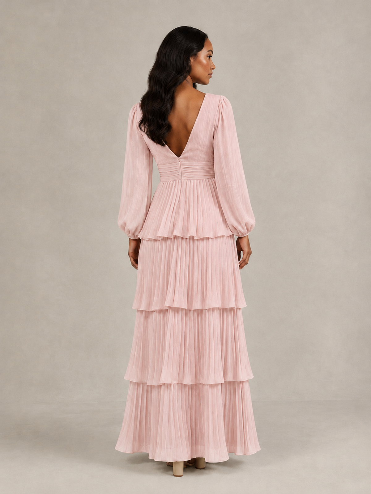 BOLODOO Blush Pink Long-Sleeve Tiered Maxi Dress with Deep V-Neck - Blush Pink