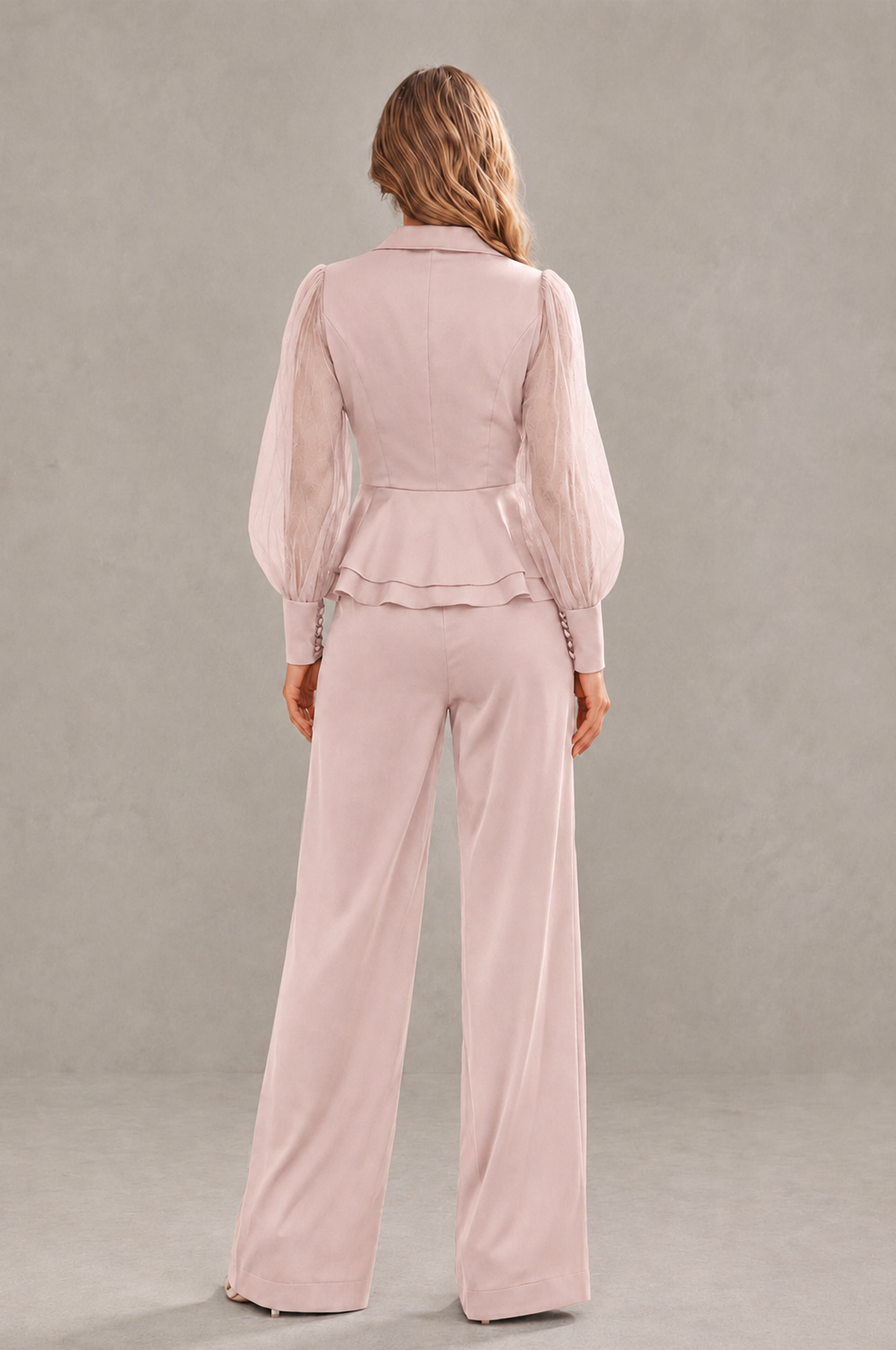 BOLODOO Mint Blush Pink Peplum Blazer Wide-Leg Pantsuit with Sheer Puff Sleeves - Blush Pink