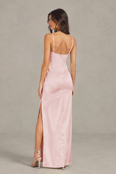 BOLODOO Blush Pink Satin Cowl Neck Open Back Mermaid Maxi Dress with Side Slit - Blush Pink