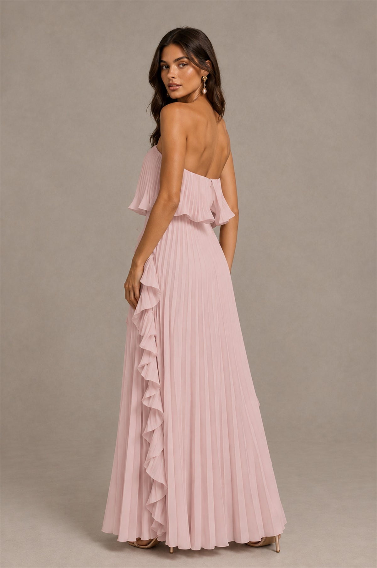 BOLODOO Blush Pink Strapless Ruffle Bodice Dual Cascading Ruffle Accordion Pleated Chiffon Maxi Dress - Blush Pink