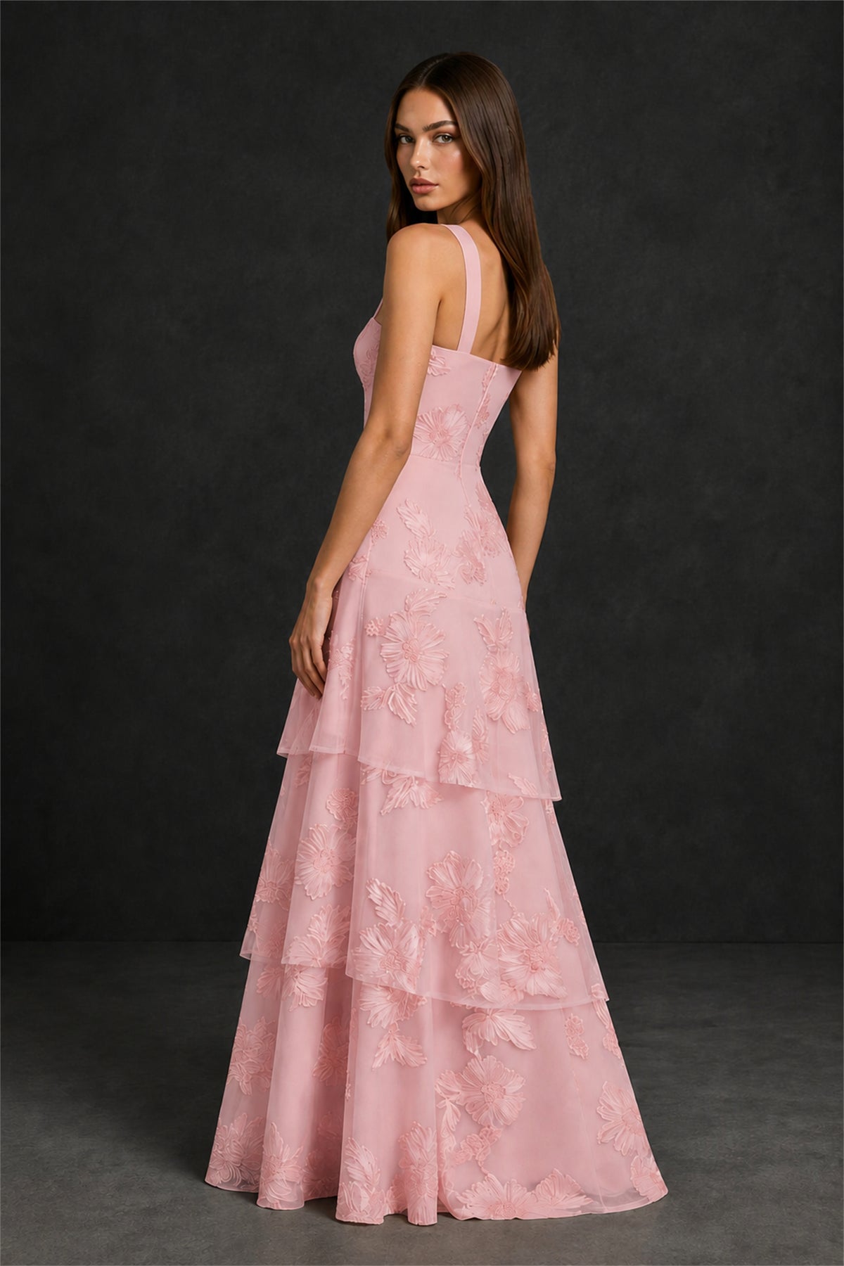 BOLODOO Blush Pink Crisscross Halter Neck Blush Pink Floral Embroidered Triple Tiered A-Line Tulle Maxi Dress - Blush Pink