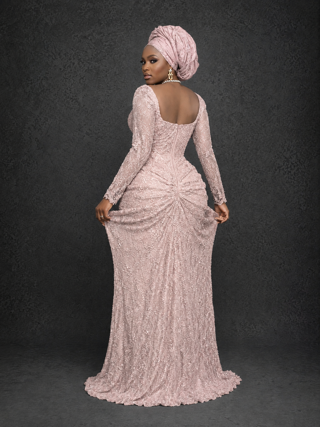 BOLODOO Blush Pink Beaded Lace Long Sleeve Mermaid Gown Sweetheart | Mother of the Bride - Blush Pink