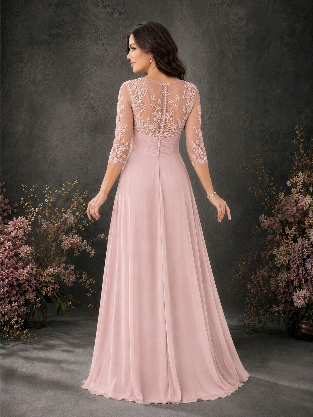 BOLODOO Blush Pink Chiffon Lace Illusion Neckline 3/4 Sleeve Floor Length Formal Gown - Blush Pink