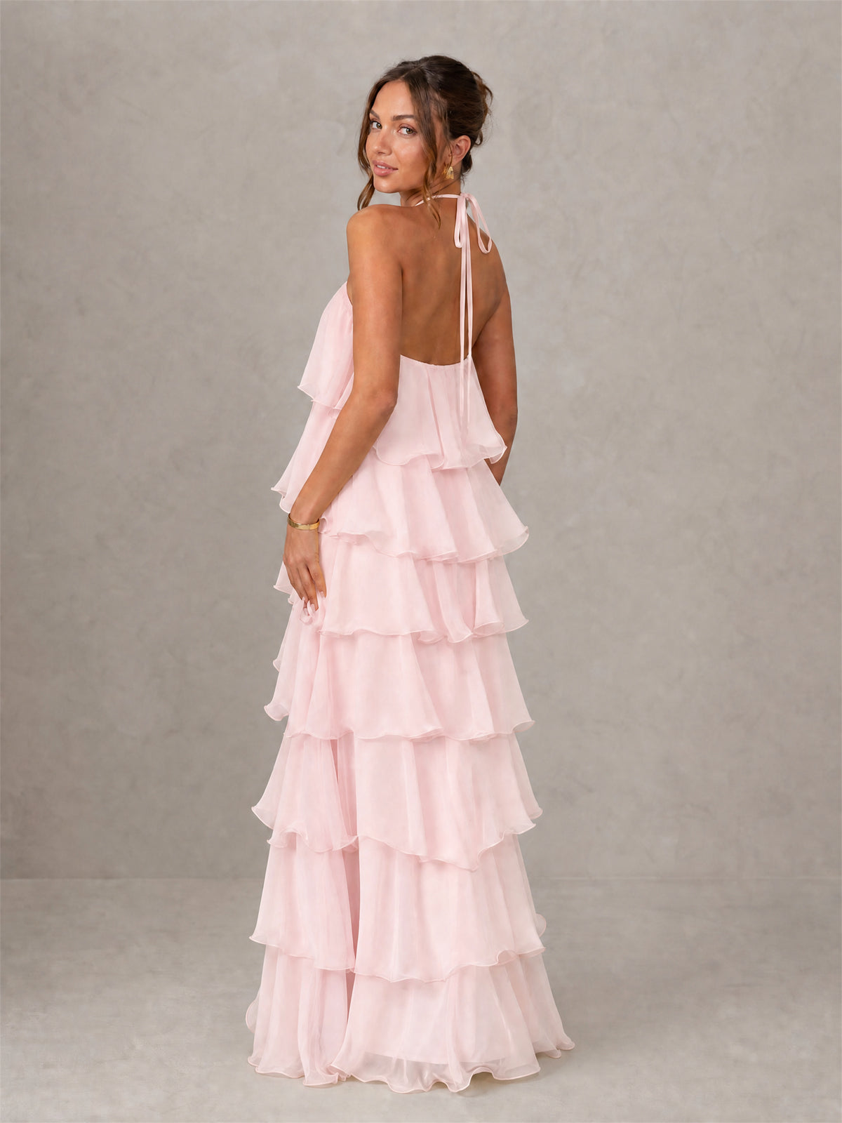 BOLODOO Blush Pink Halter Tiered Ruffle Chiffon Maxi Dress - Blush Pink