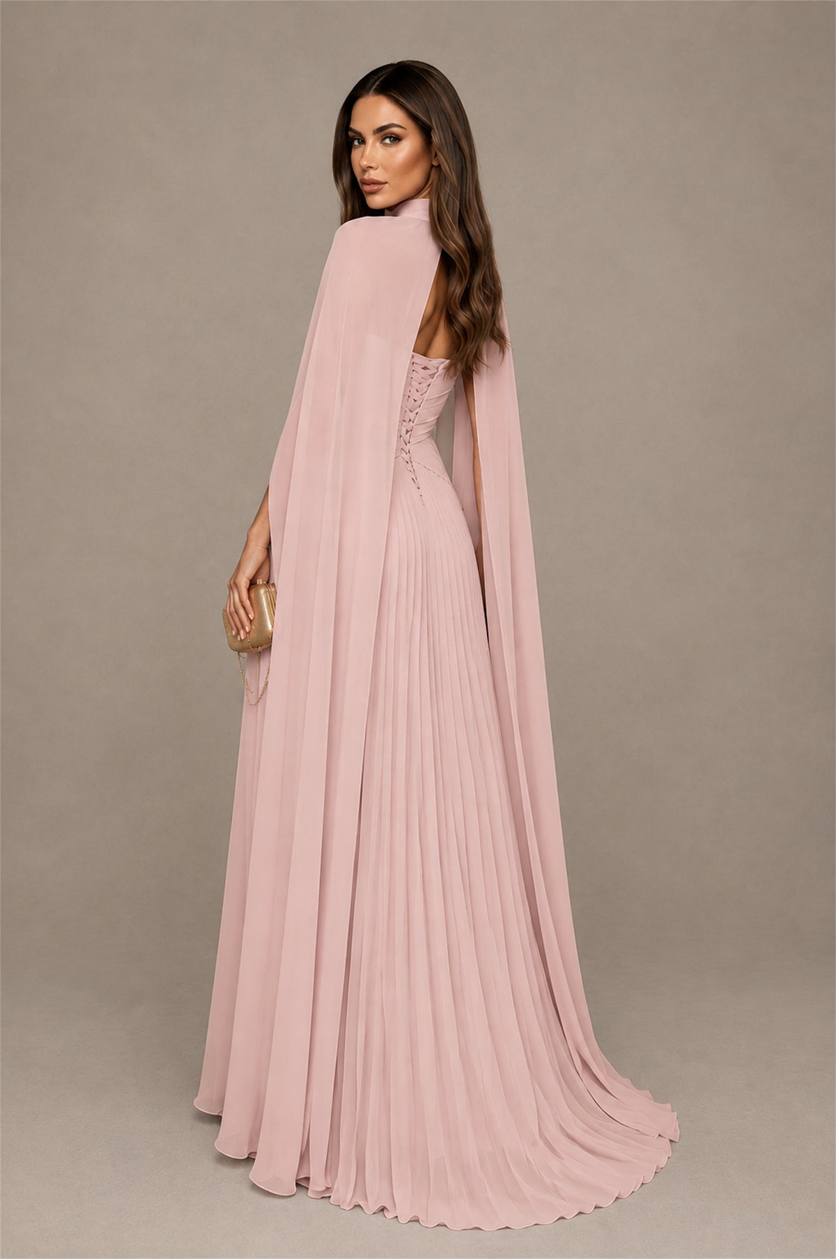 BOLODOO Blush Pink Strapless Crossover Ruched Bodice Detached Turtleneck Cape Lace-Up Back Pleated Chiffon Maxi Dress - Blush Pink