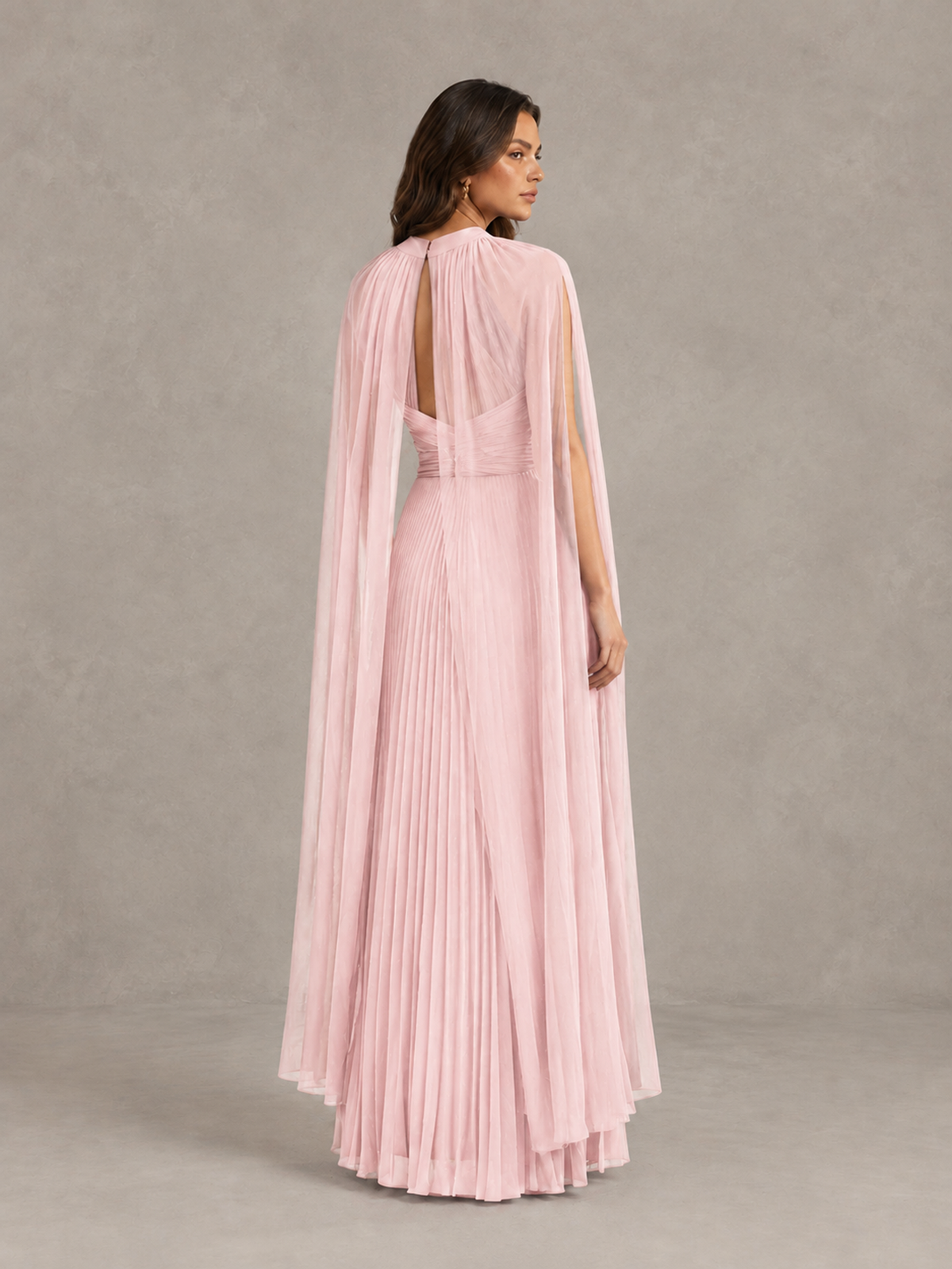 BOLODOO Blush Pink Pleated Cape Maxi Wedding Guest Dress - Blush Pink - Blush Pink (2)