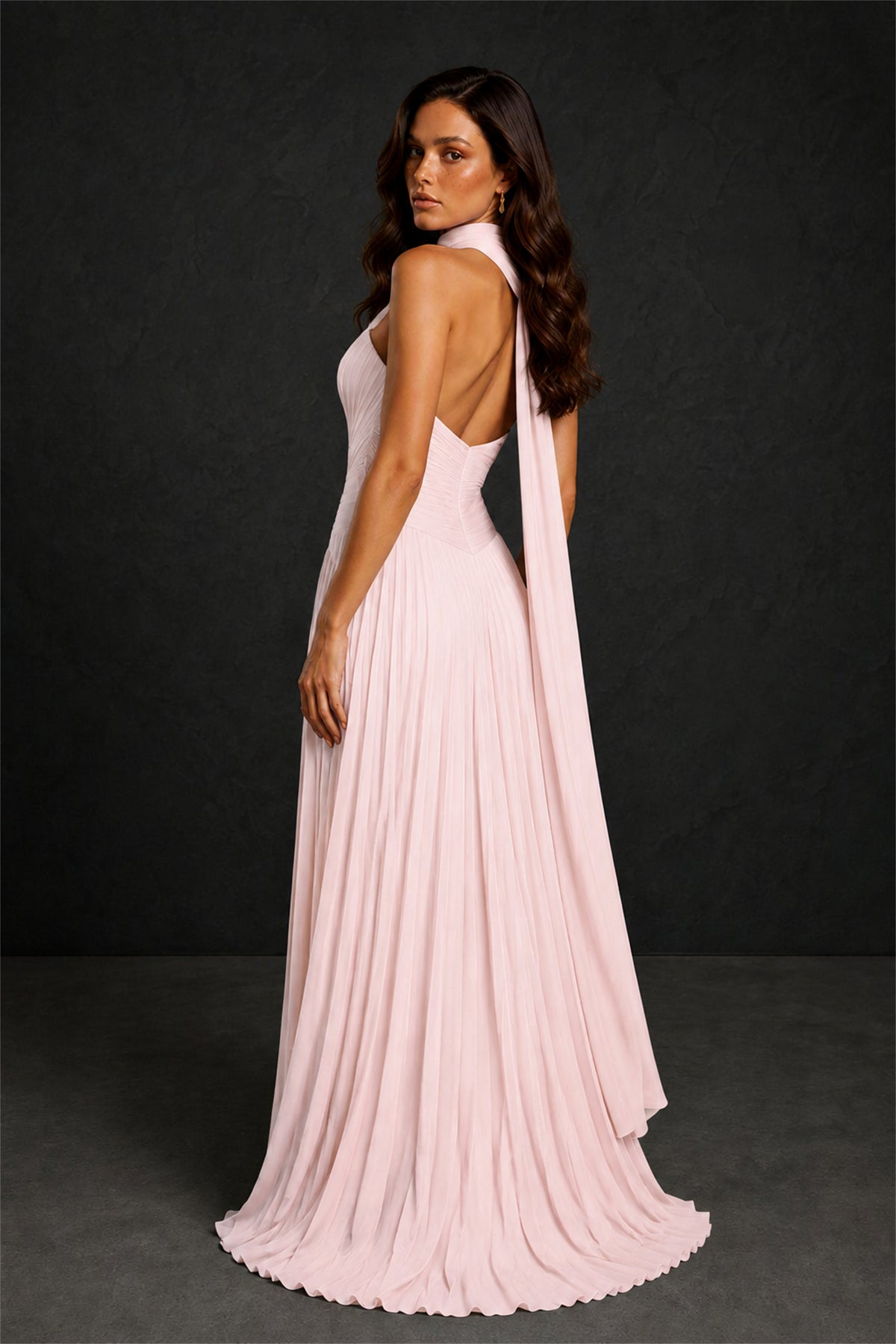 BOLODOO Blush Pink Sweetheart Strapless Neck Scarf Pleated Backless A-Line Chiffon Maxi Dress - Blush Pink